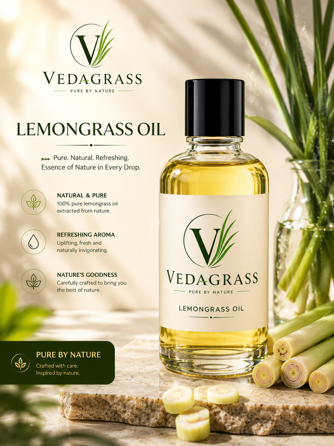 VedaGrass Lemongrass Oil bottle surrounded by fresh lemongrass