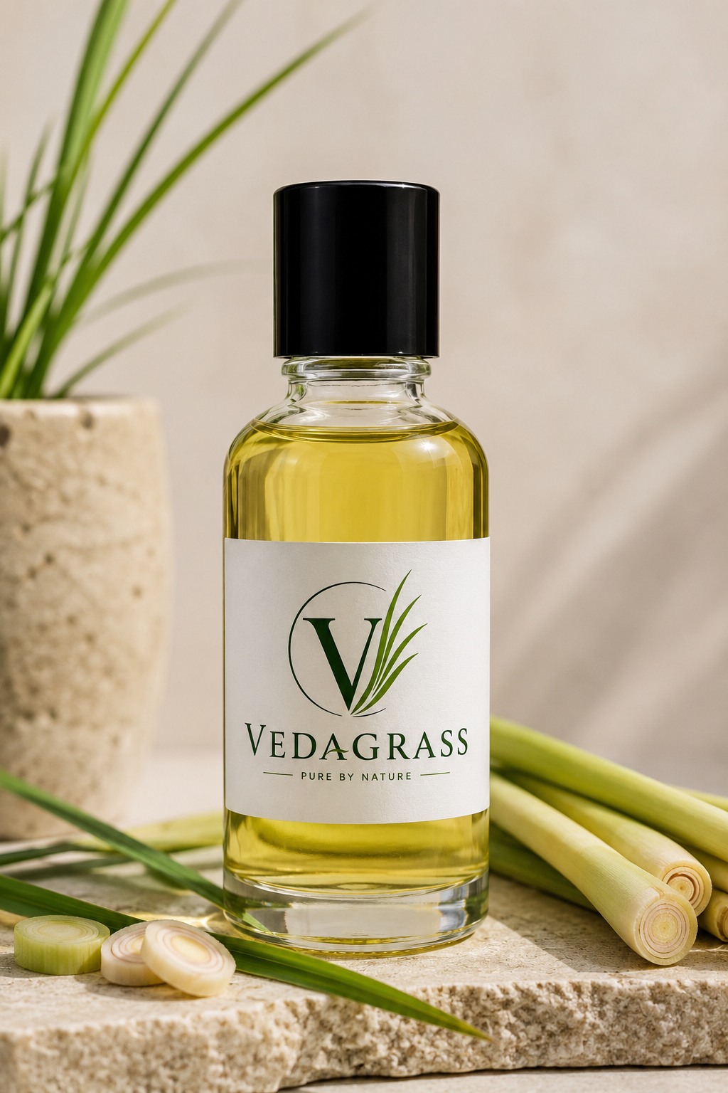 VedaGrass Lemongrass Oil product bottle with lemongrass